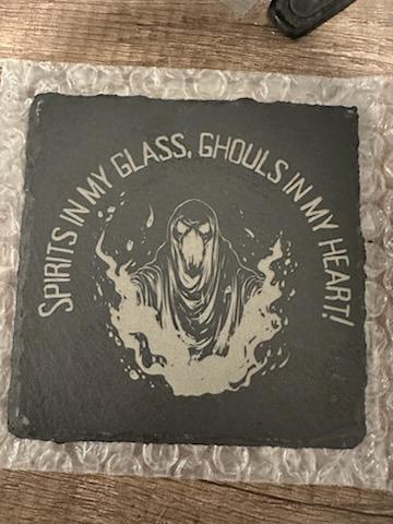 CU_CST-HA-SLT-SAG-01 - "Spirits and Ghouls" Custom Laser Engraved Slate Coaster, 4" x 4"