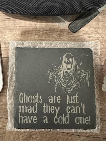 CU_CST-HA-SLT-GG-01 - "Ghostly Grievance" Custom Laser Engraved Slate Coaster, 4" x 4"